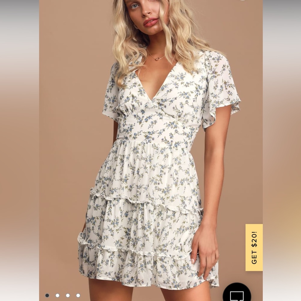 So True White Floral Print Tiered Short Sleeve Mini Dress